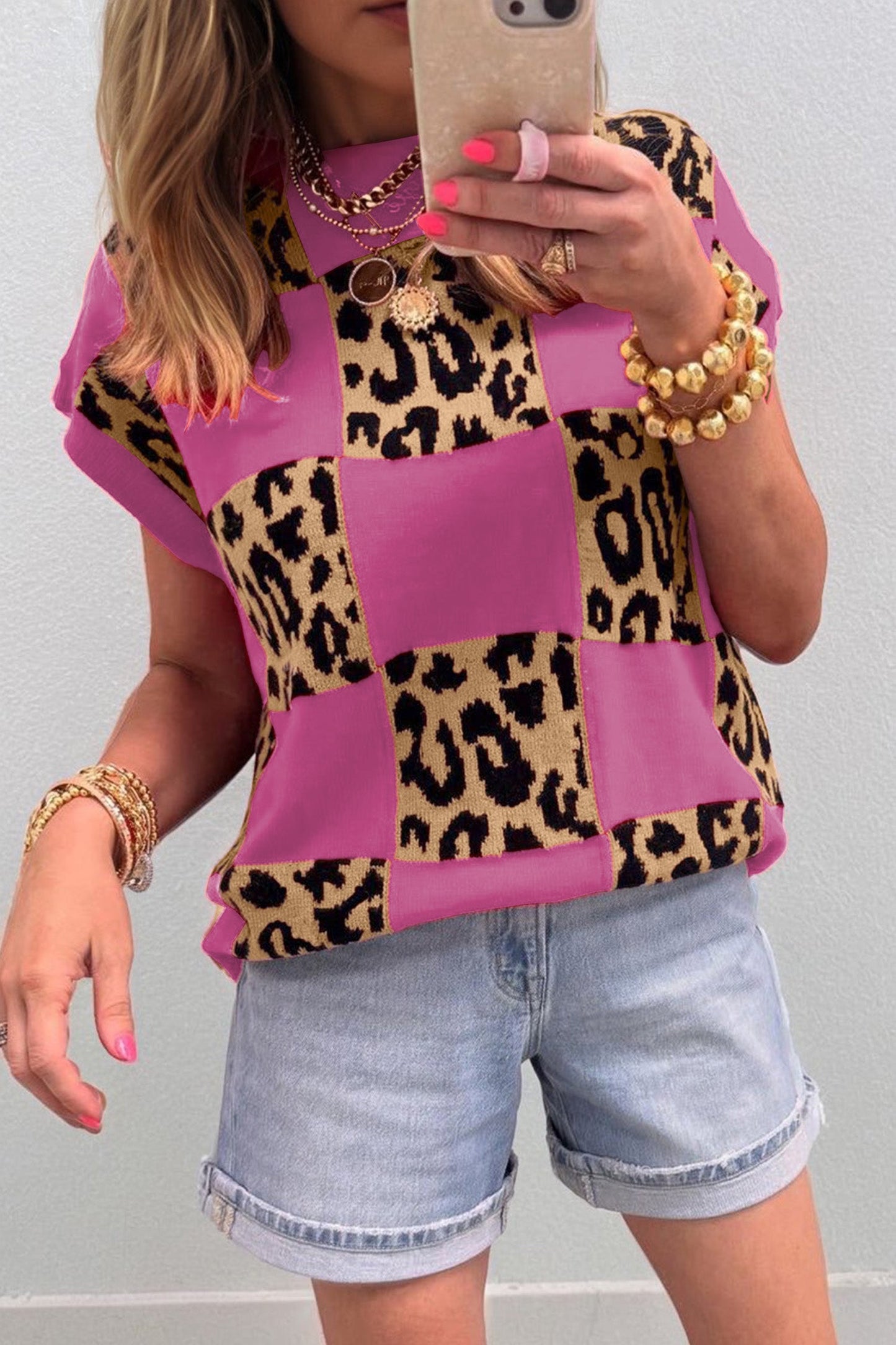 Leopard Checker Short Sleeve Knit Sweater