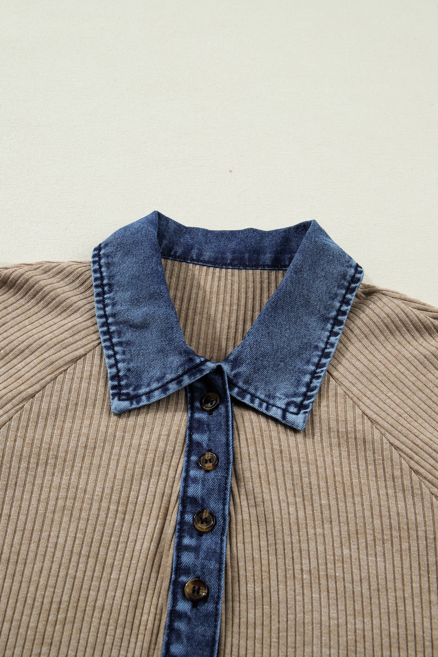 Ribbed Knit Denim Patchwork Button Polo Top