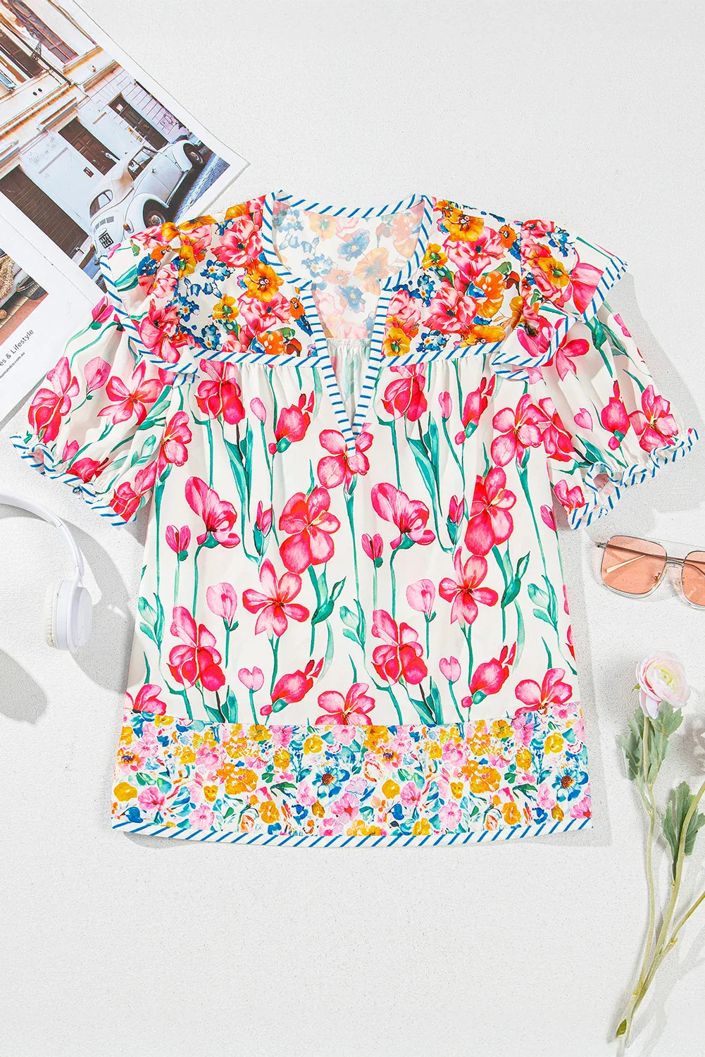 Floral Stripe Detail Split Neck Short Sleeve Blouse