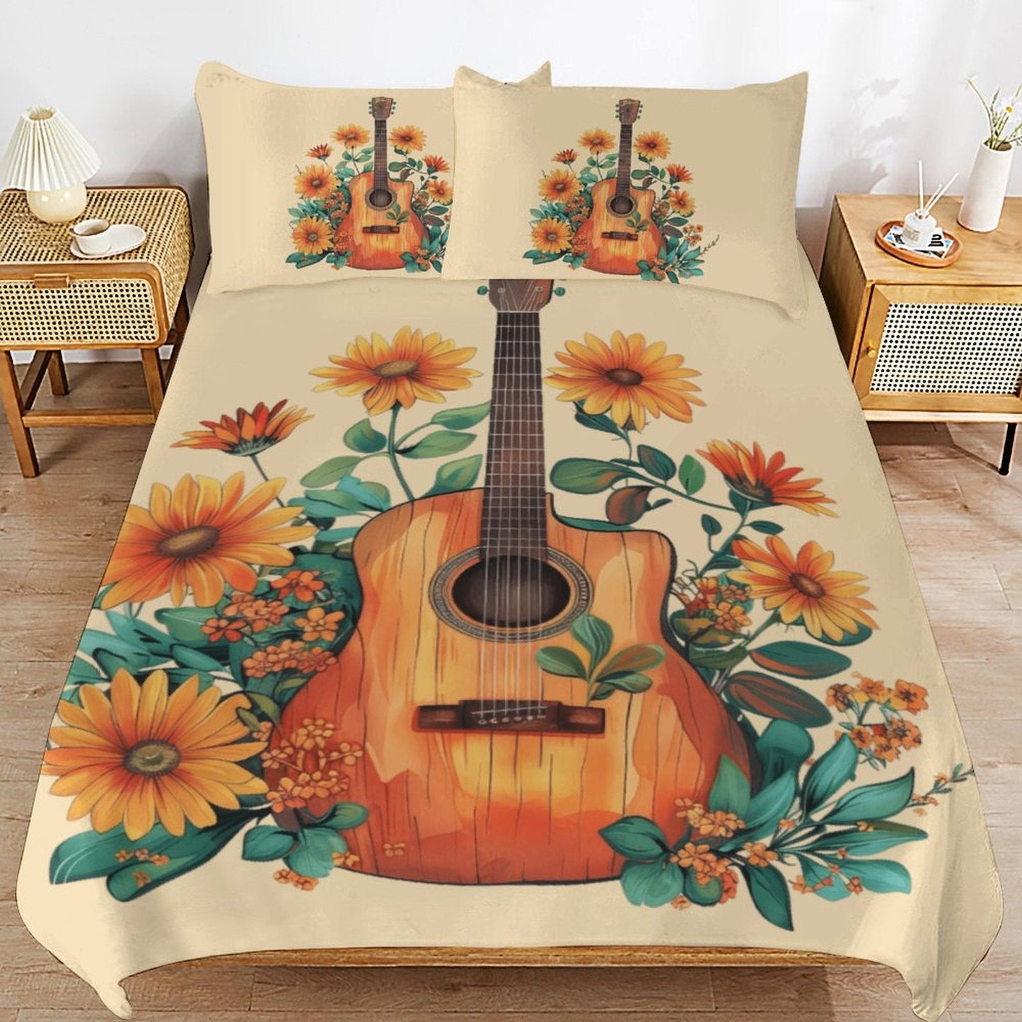 Boho Dolly Guitar Design 3-Piece Bedding Set (1 Duvet Cover + 2 Pillow Shams) – 102"×90"