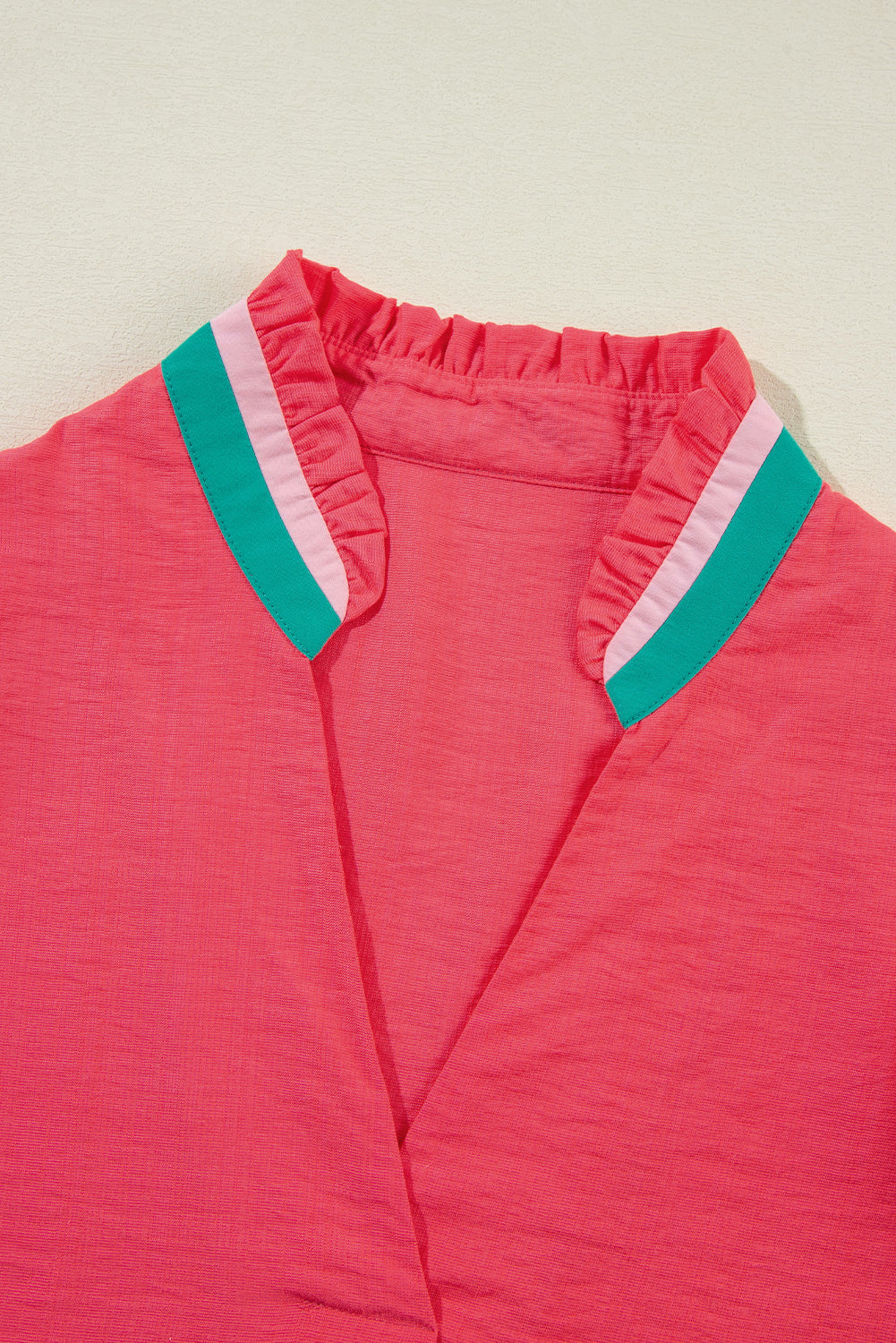 Colorful Trim V-Neck Short Sleeve Blouse