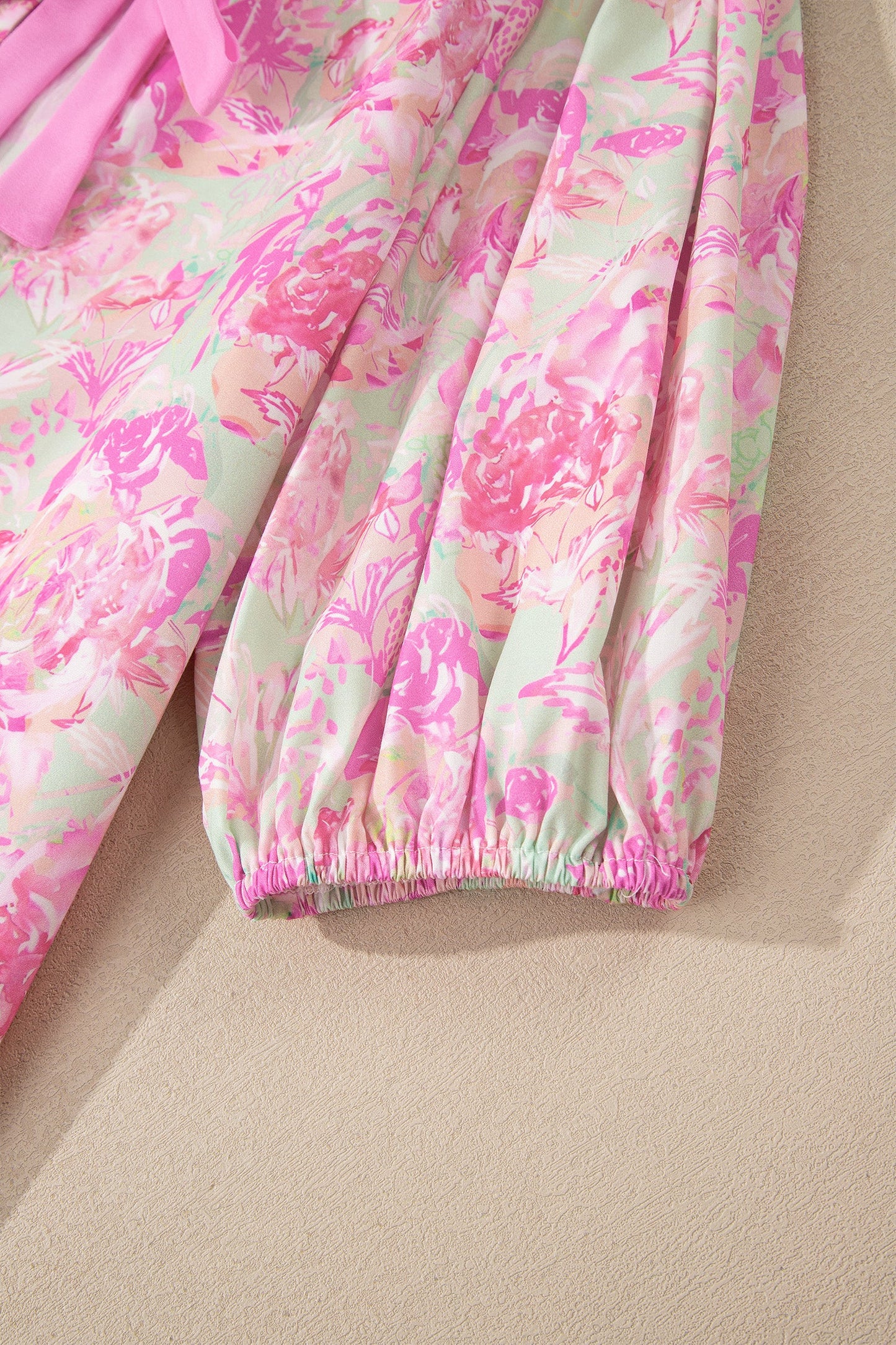 Floral Ribbon Knot Front Puff Sleeve Blouse