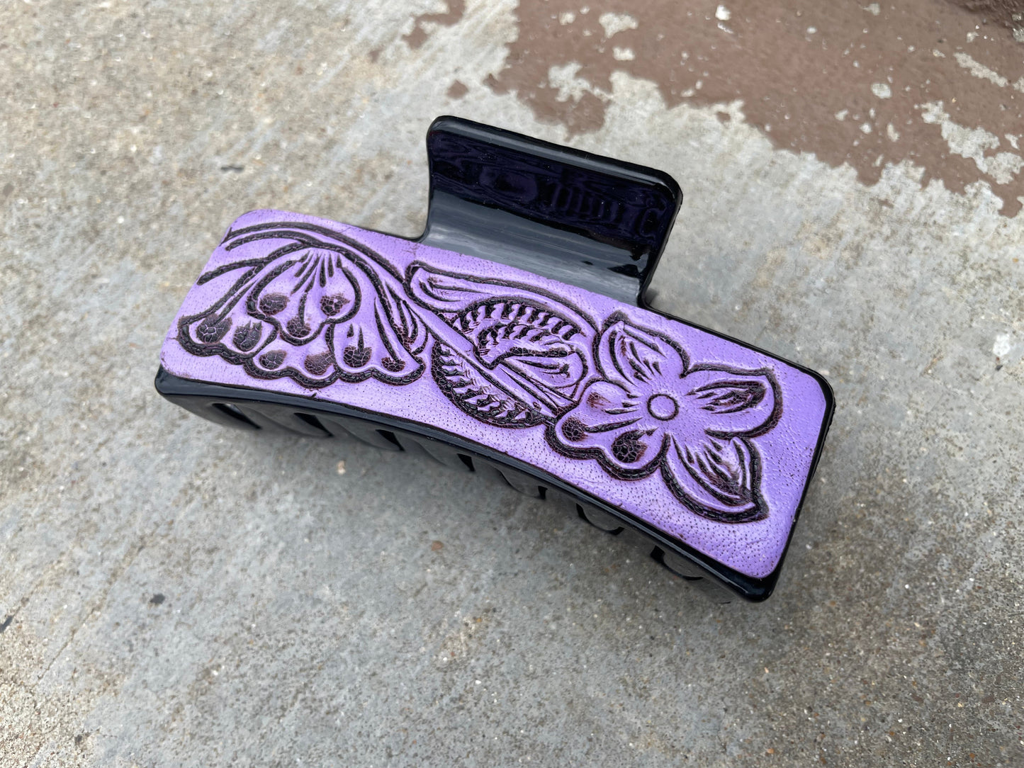 Purple Floral Tooled Leather  Hair Claw Clips 4”