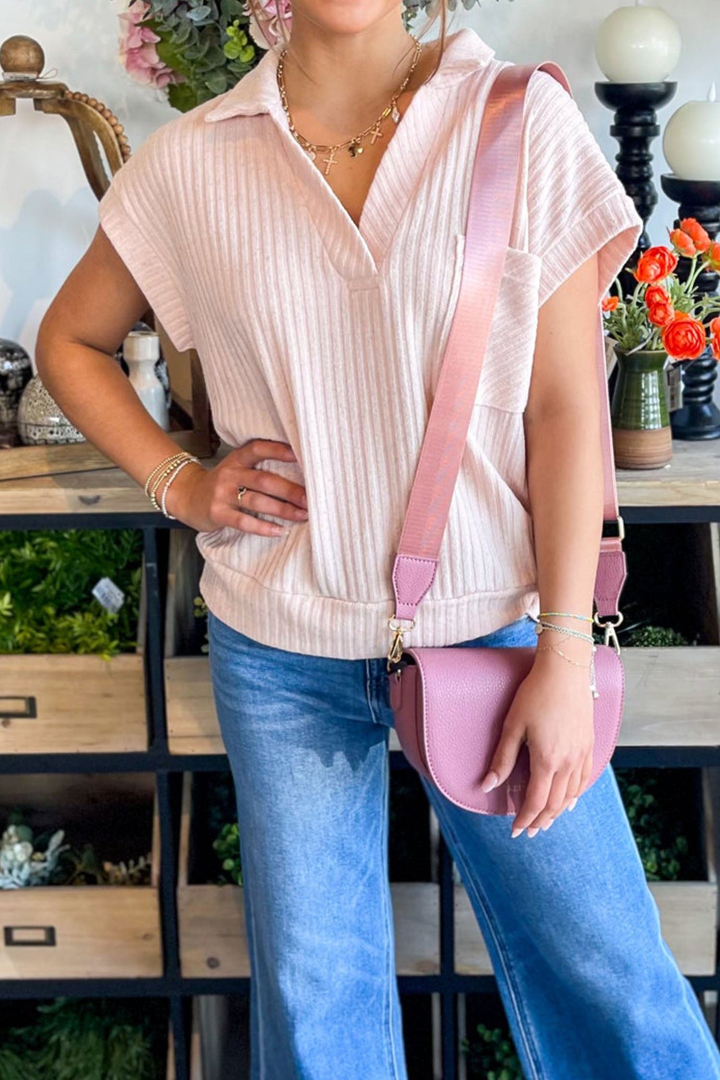 Solid Ribbed Knit Collared V-Neck Tee