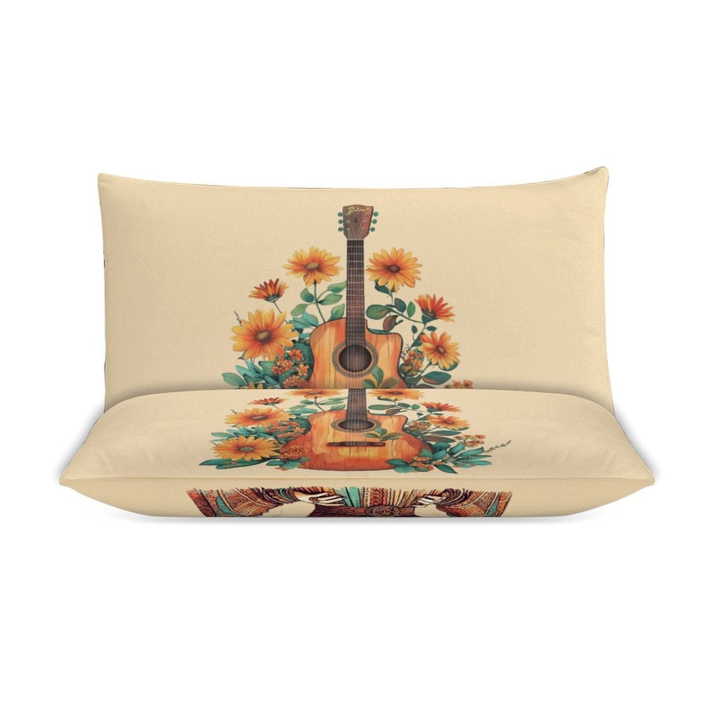 Boho Dolly Guitar Design 3-Piece Bedding Set (1 Duvet Cover + 2 Pillow Shams) – 102"×90"