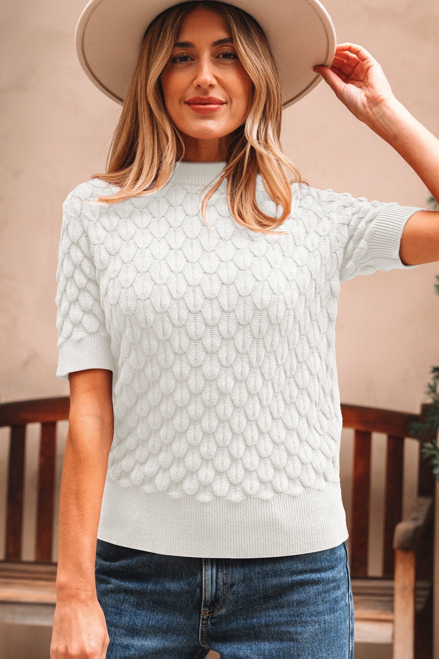 Fish Scale Textured Knit Short Sleeve Sweater