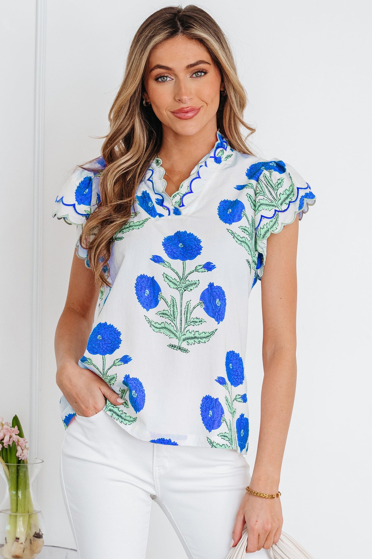 Wild Flower Contrast Trim Scallop Short Sleeve Blouse