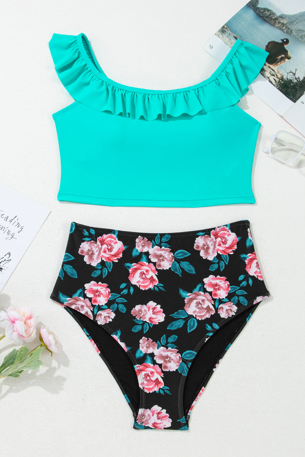 Ruffle Square Neck Swim Top and Floral Shorts