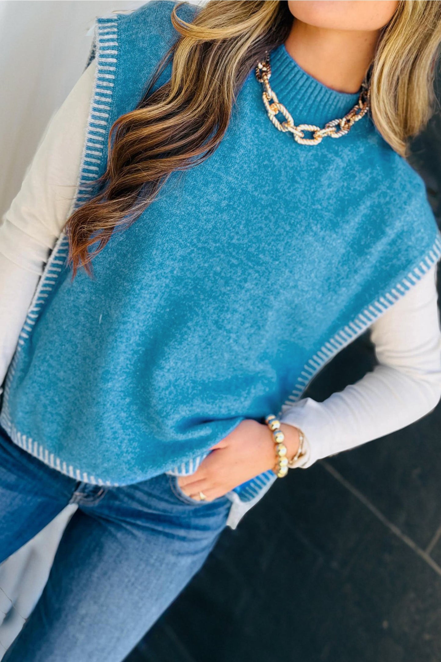 Contrast Stitch Tie Side Mock Neck Sleeveless Sweater