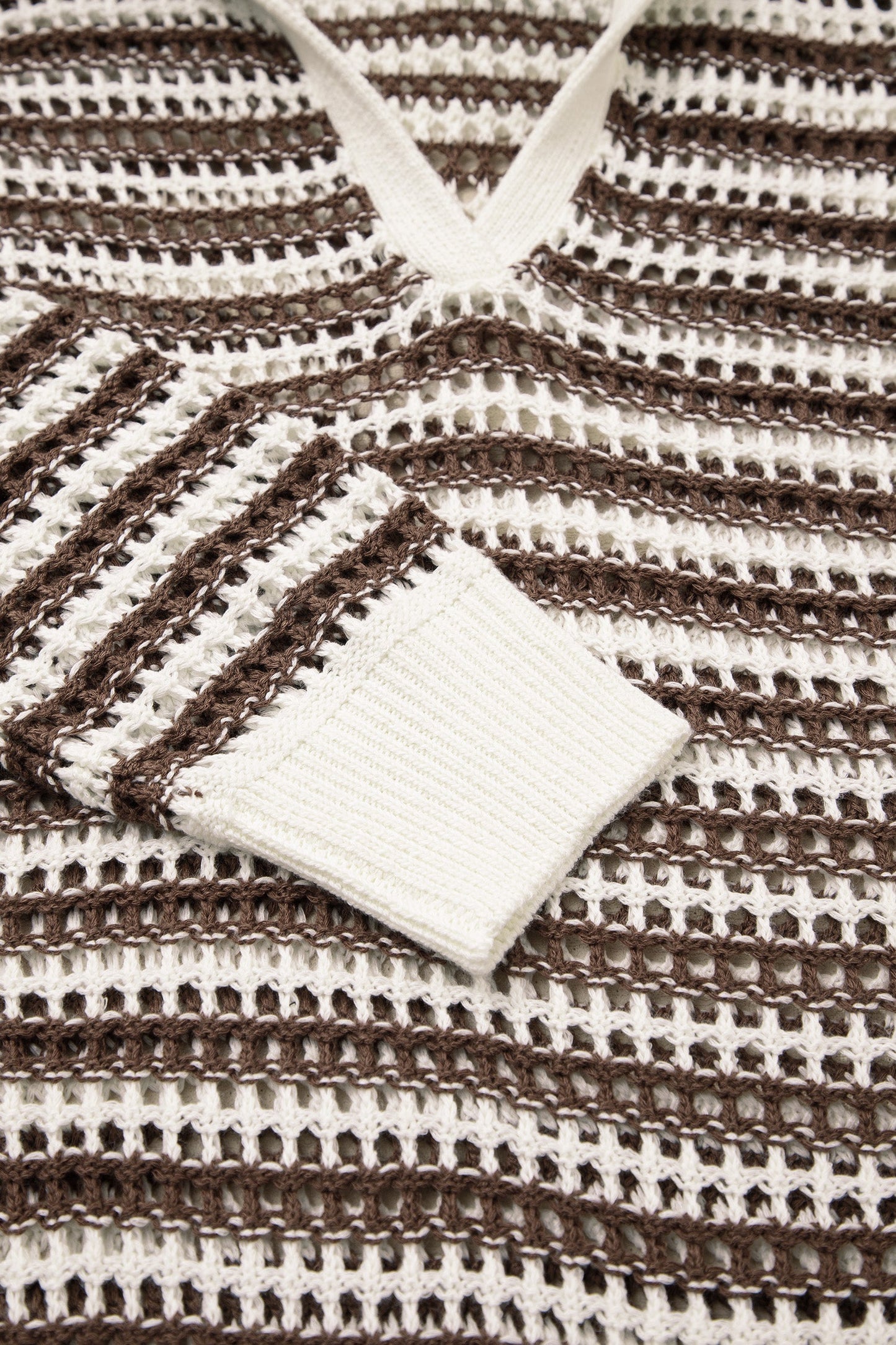 Stripe Eyelet Contrast Collared V-Neck Sweater