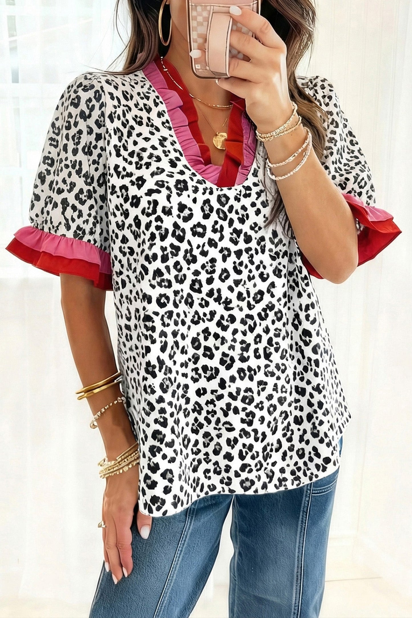 Leopard Ruffle Trim V-Neck Short Sleeve Blouse