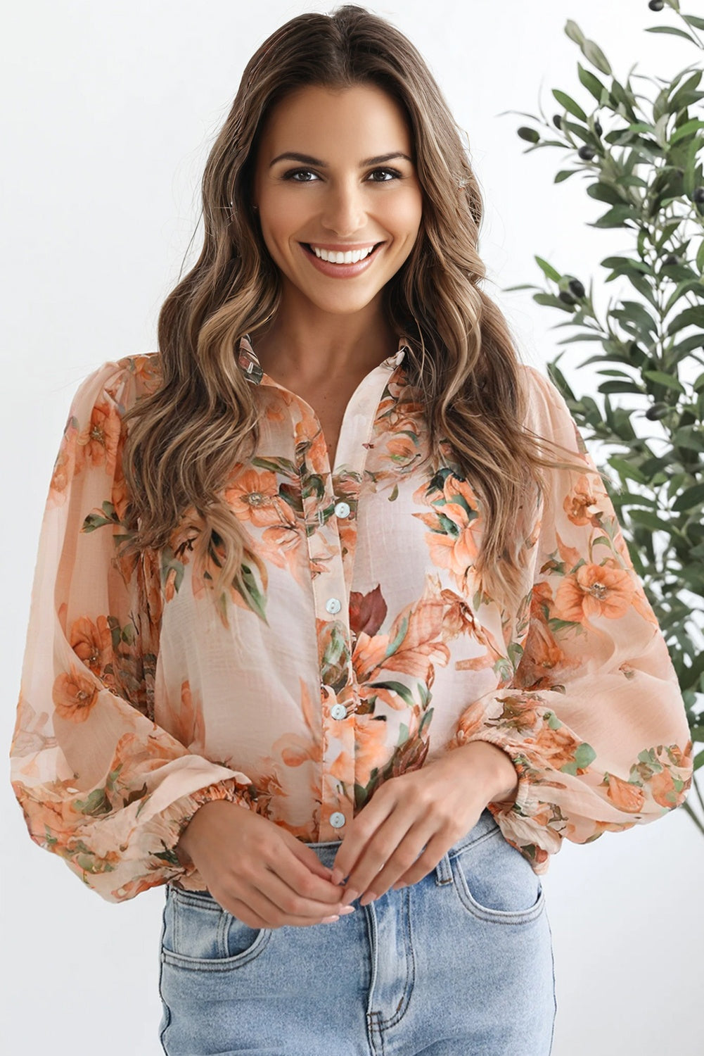 Floral Puff Sleeve Collared Shirt