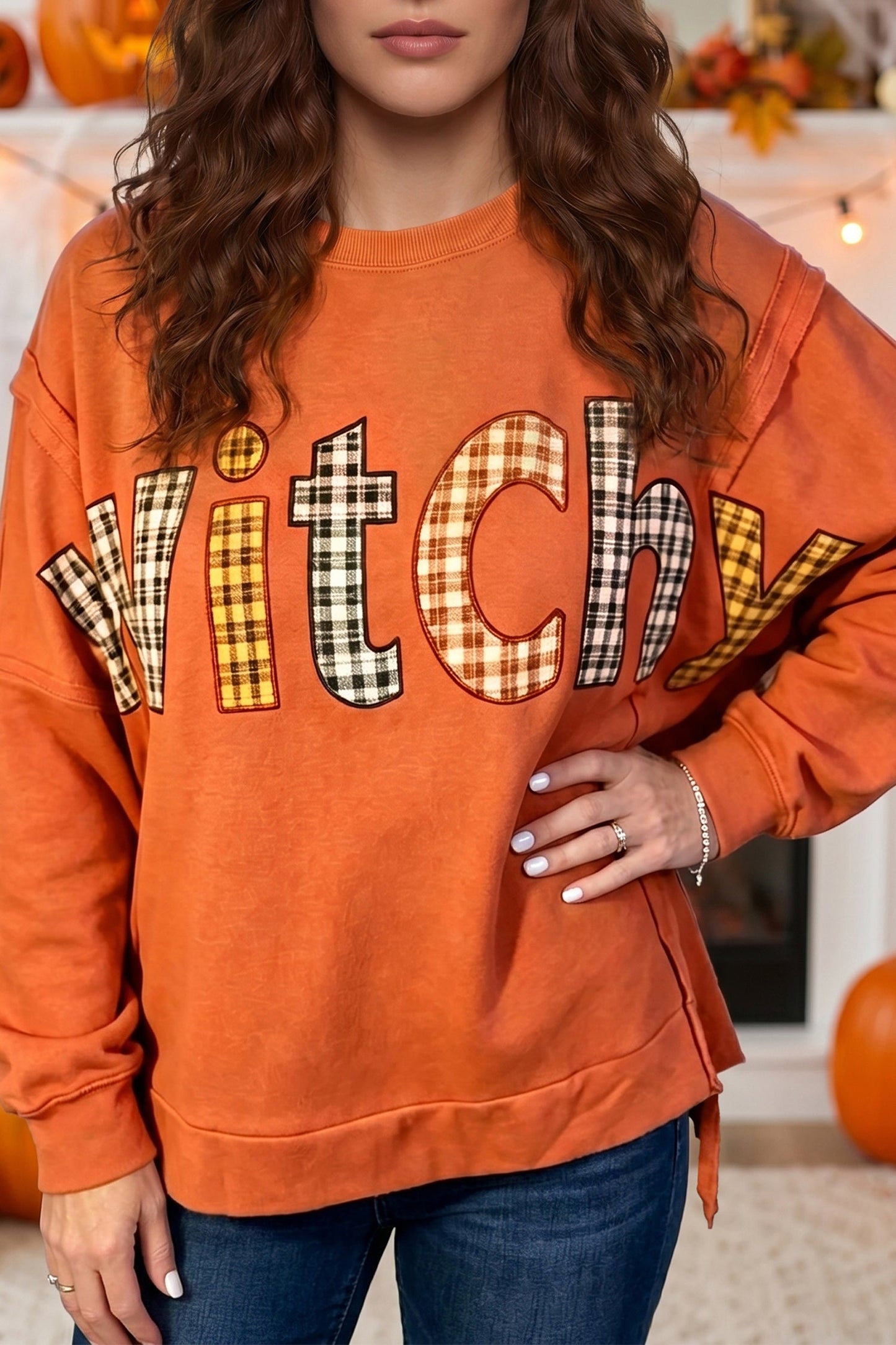 Halloween Witchy Plaid Patchwork Exposed Seam Sweatshirt