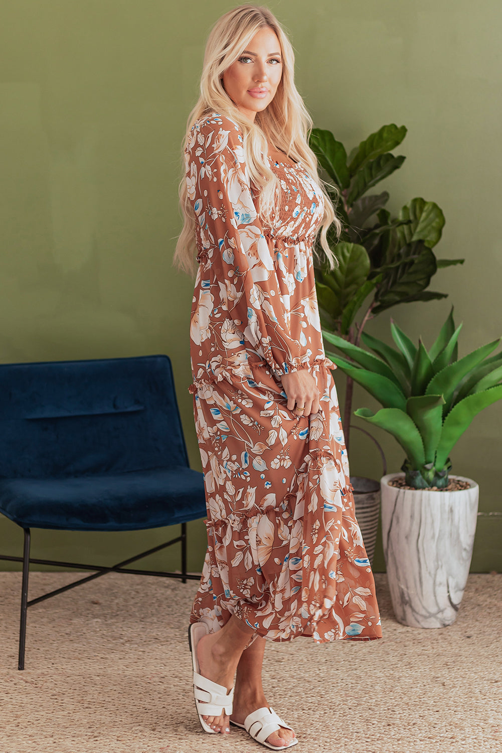 Floral Shirred Square Neck Maxi Dress