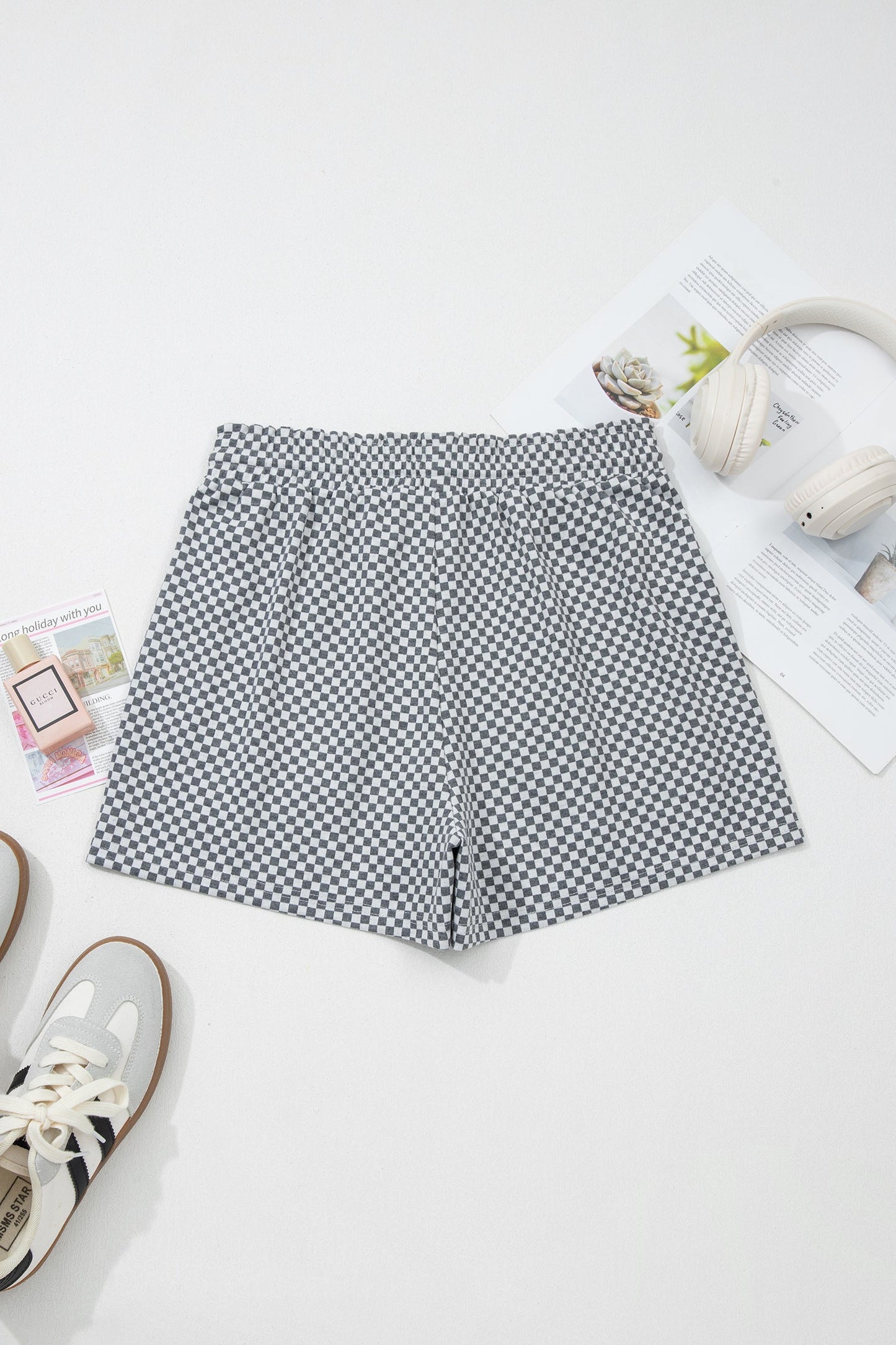 Checker Drawstring Elastic Waist Pocketed Shorts