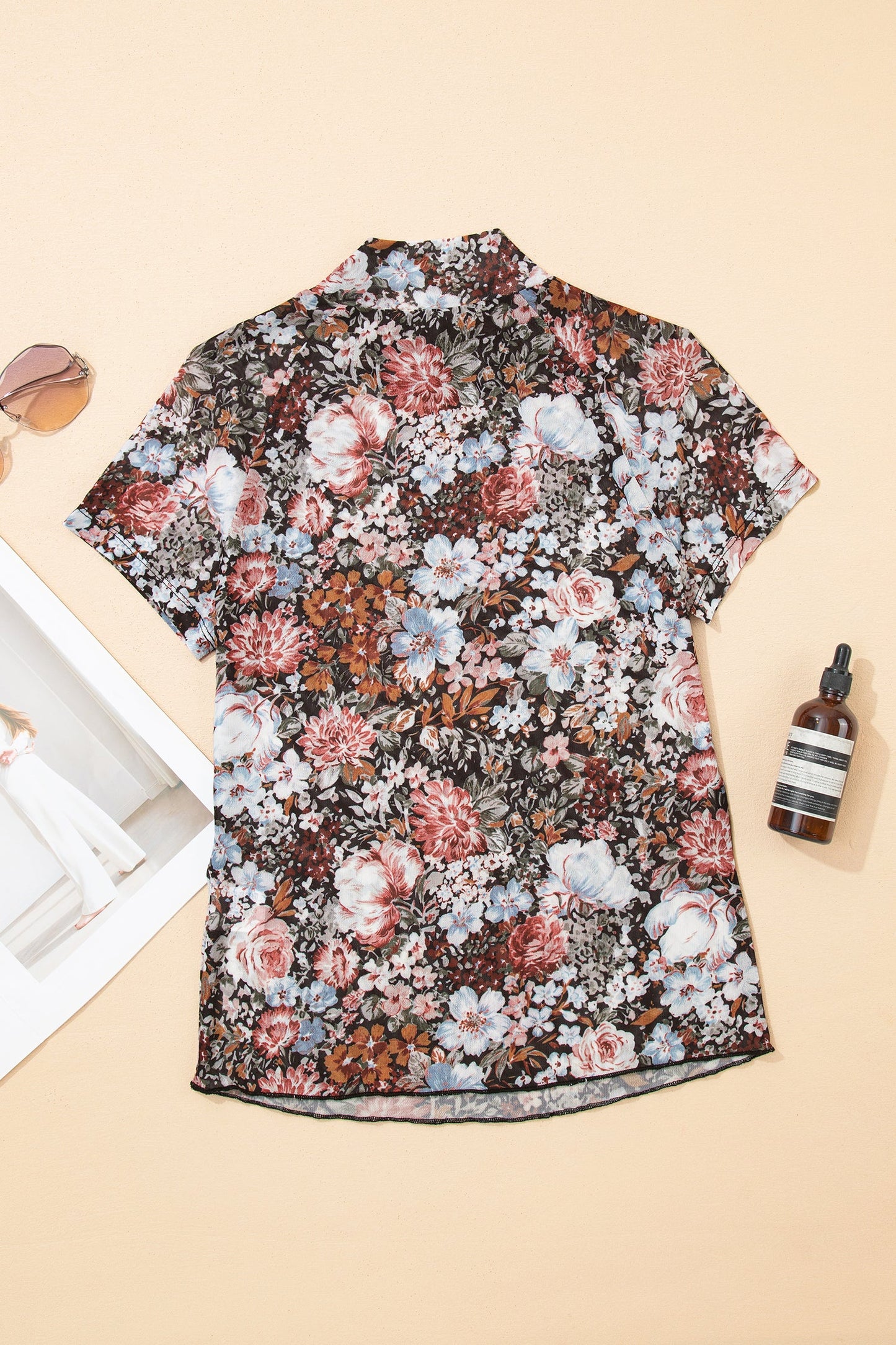 Floral Mesh Mock Neck Short Sleeve Top