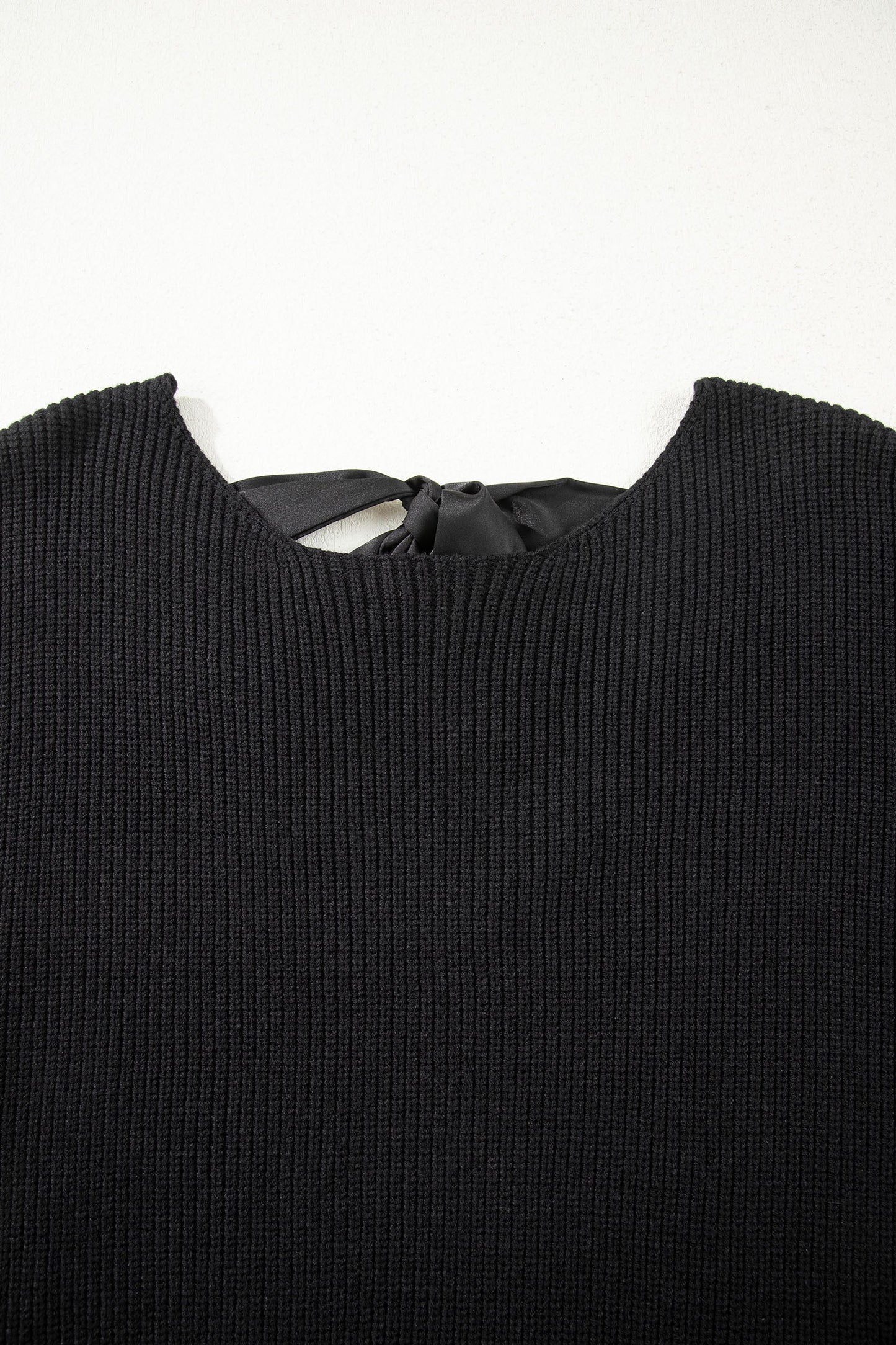Ribbon Knot Backless Drop Shoulder Ribbed Sweater