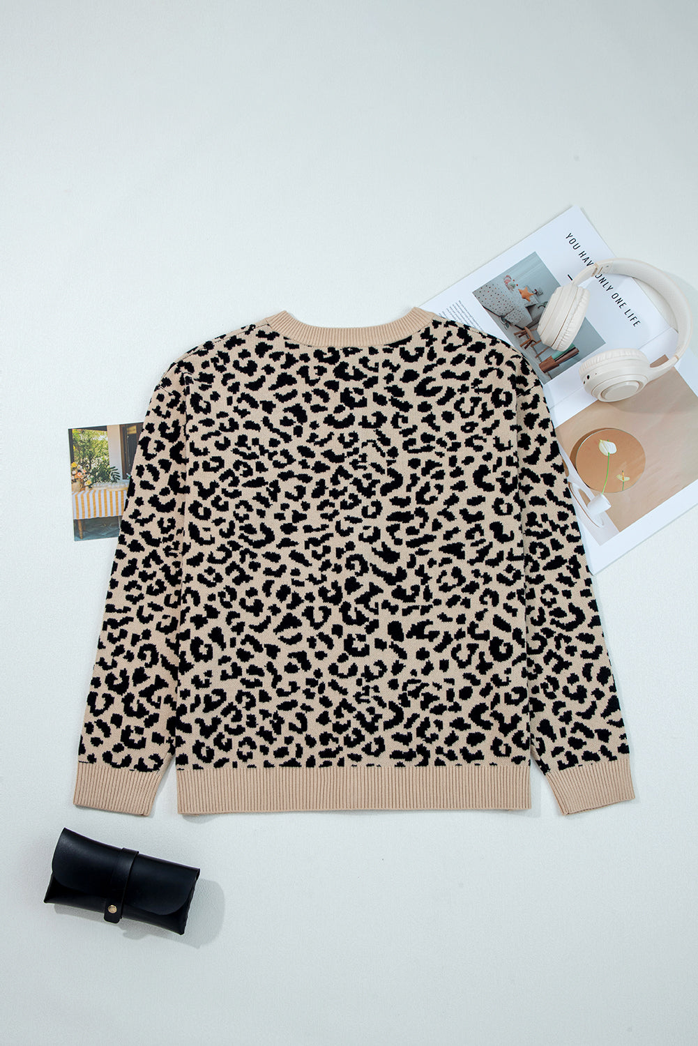 Leopard Drop Shoulder Chunky Cardigan Sweater