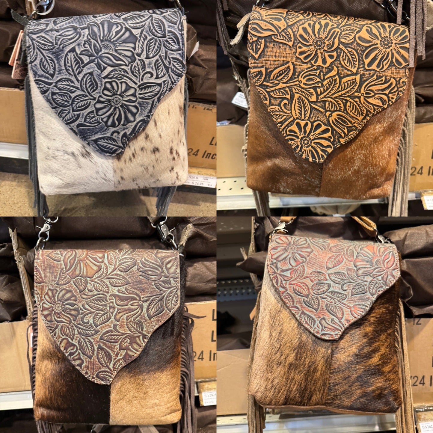 BA2825 Tooled Floral Flap Cowhide Crossbody Purse