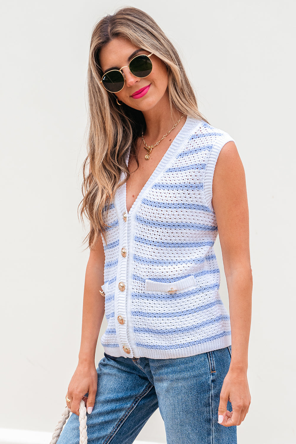 Stripe V-Neck Gold Button Sweater Top