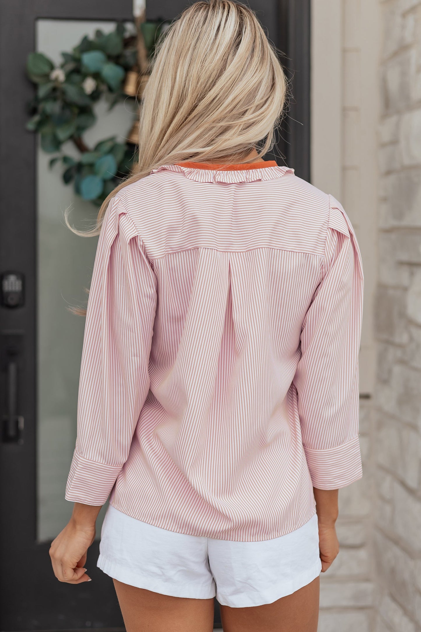Stripe Colorblock Patchwork Frilled Collar Shirt