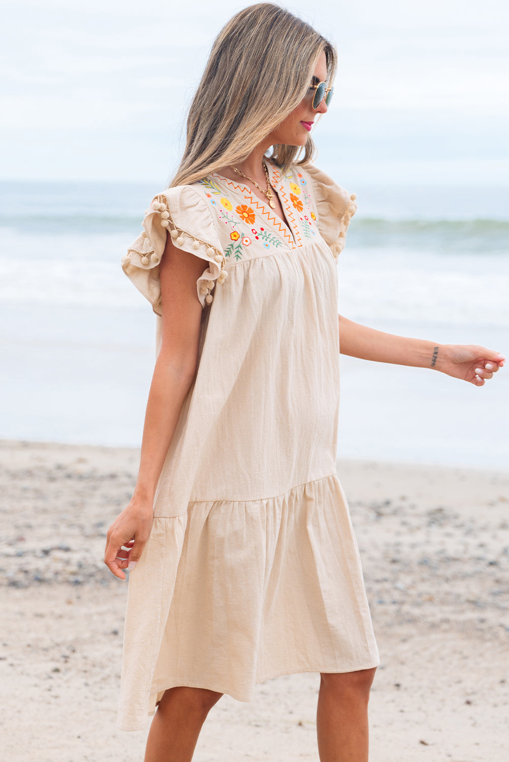 Floral Embroidered Pom Pom Ruffle Sleeve Dress