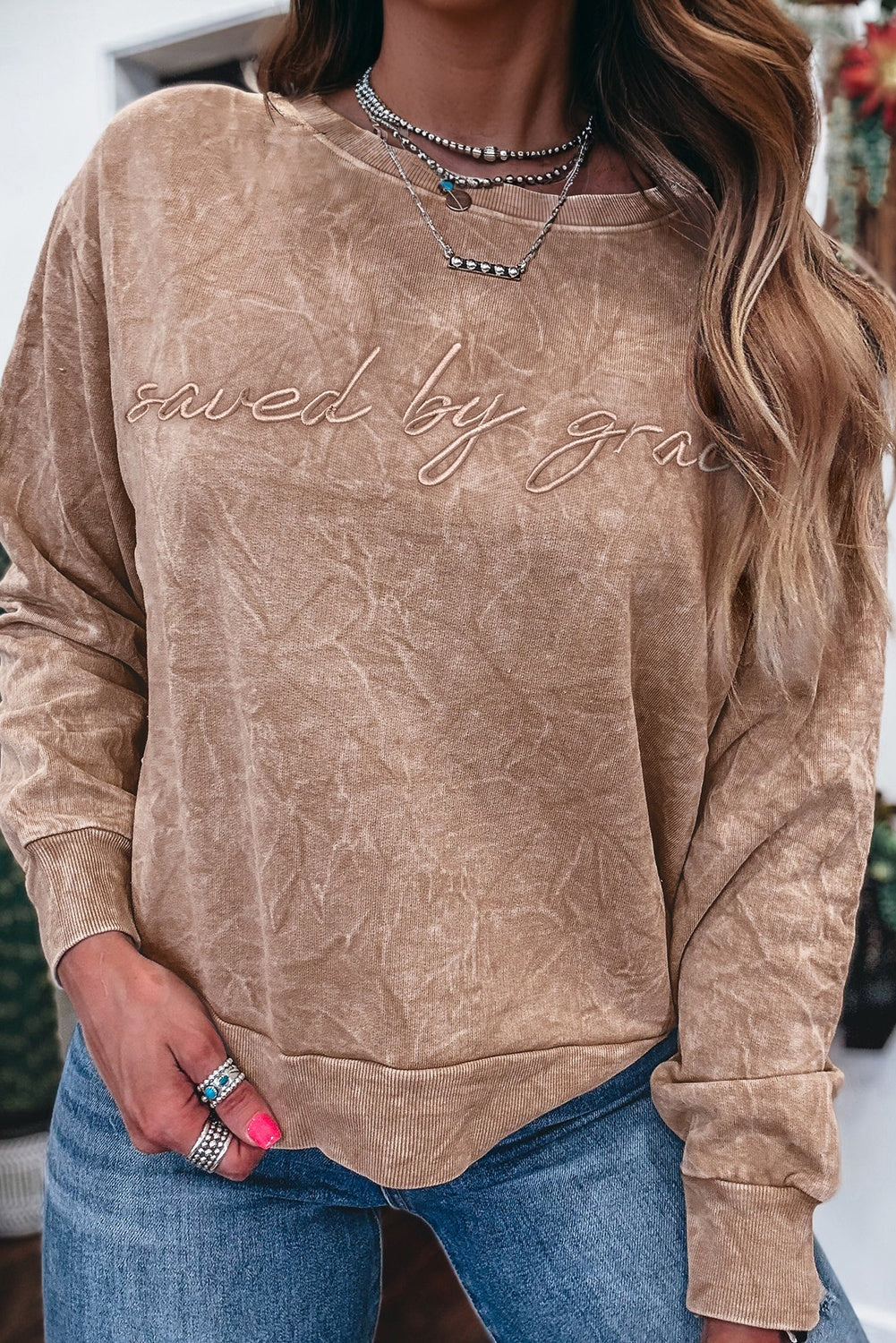 SAVED BY GRACE Embroidered Mineral Wash Sweatshirt