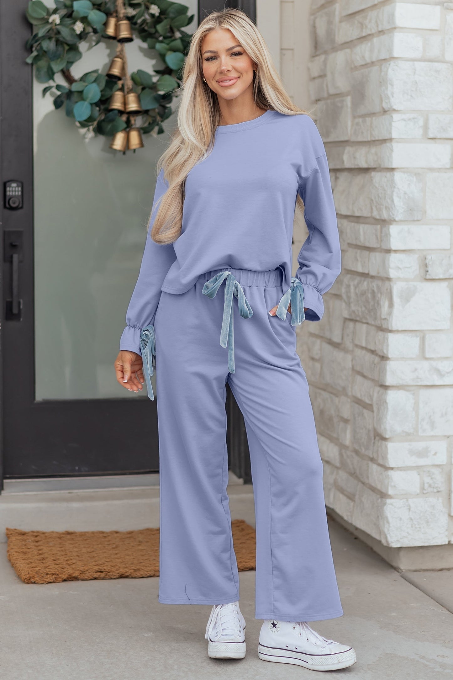 Flounce Long Sleeve Top and Drawstring Pants Set