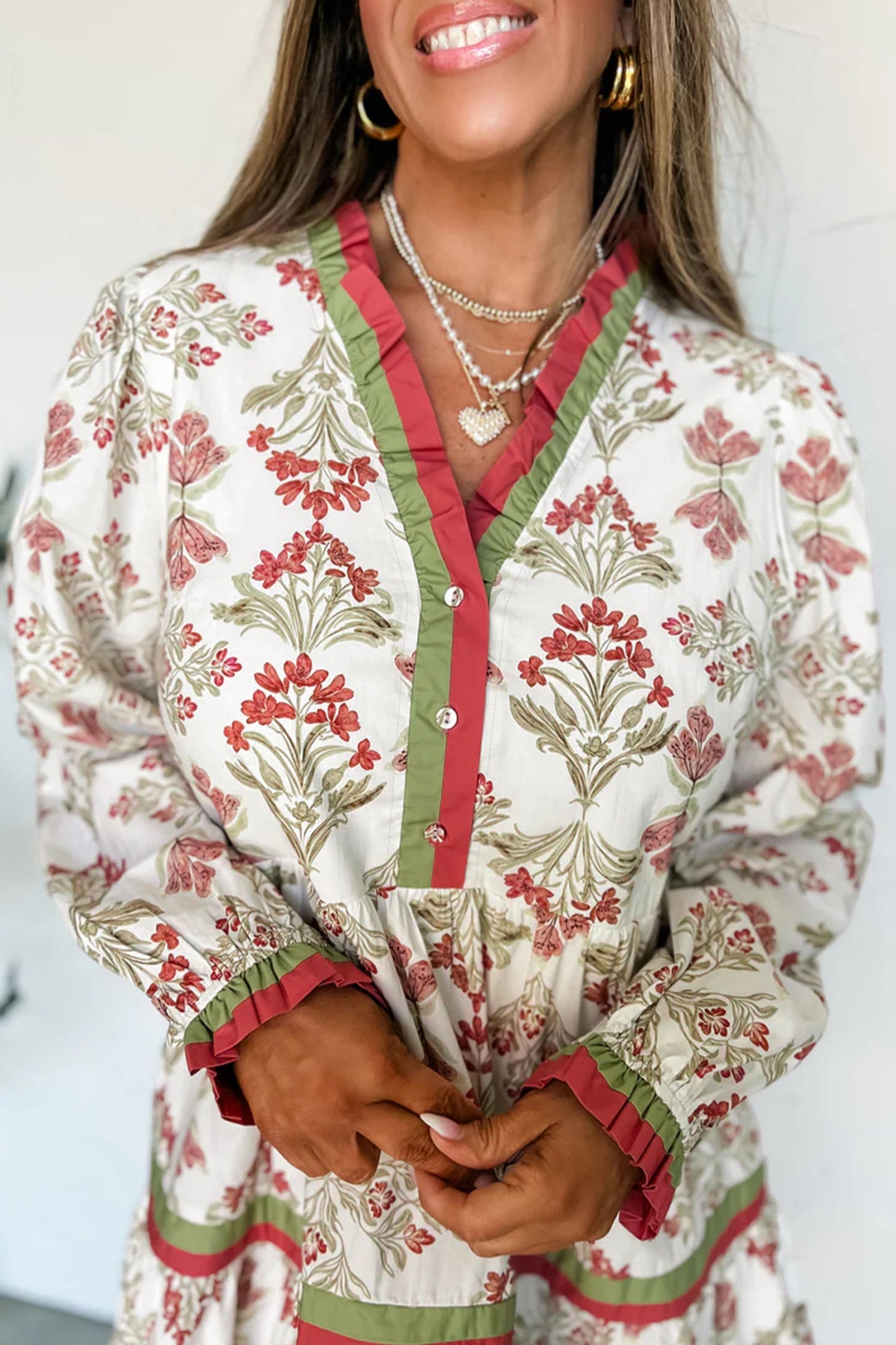 Floral Contrast Trim Frilled Neck Dress