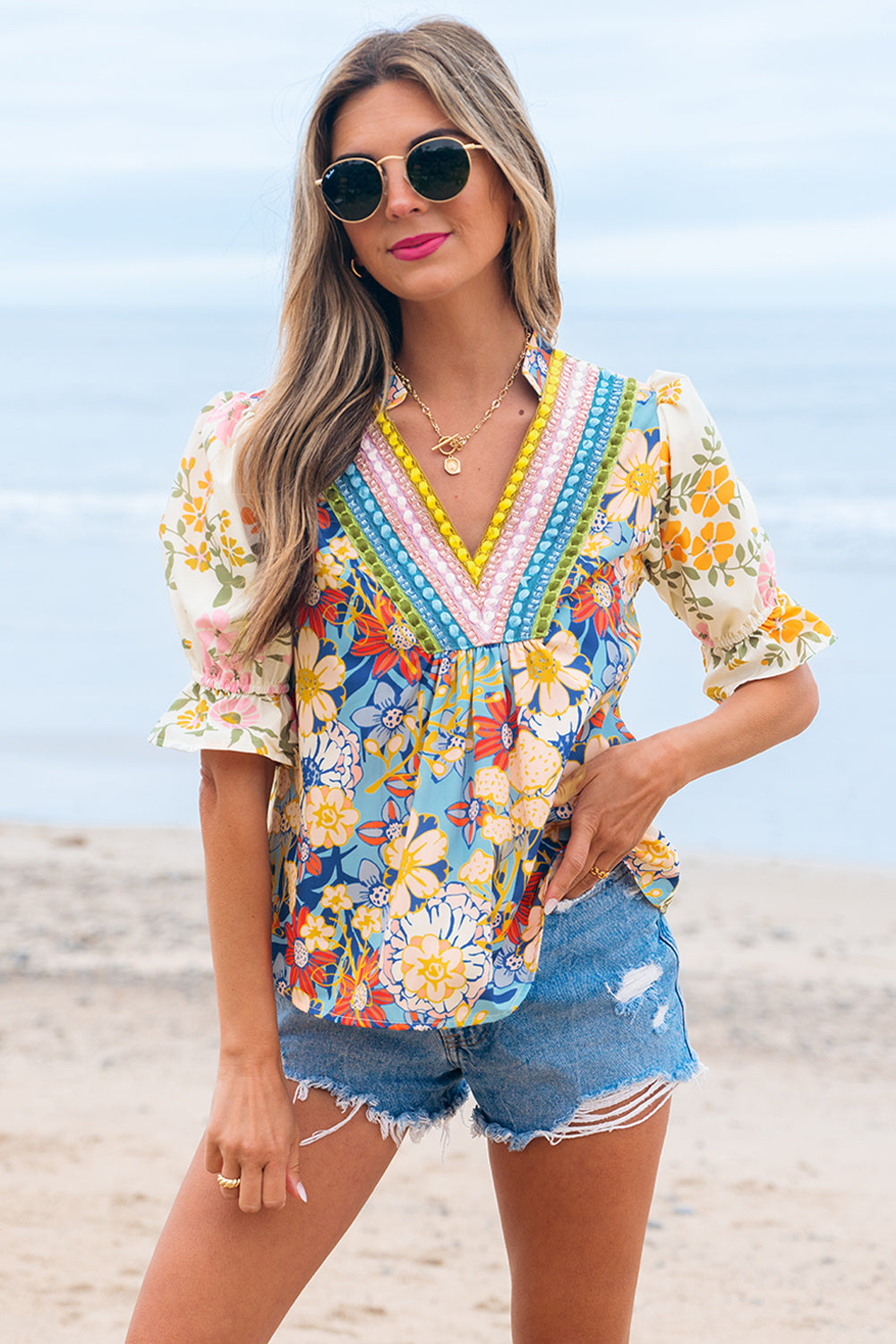 Floral Boho Crochet V-Neck Half Sleeve Blouse