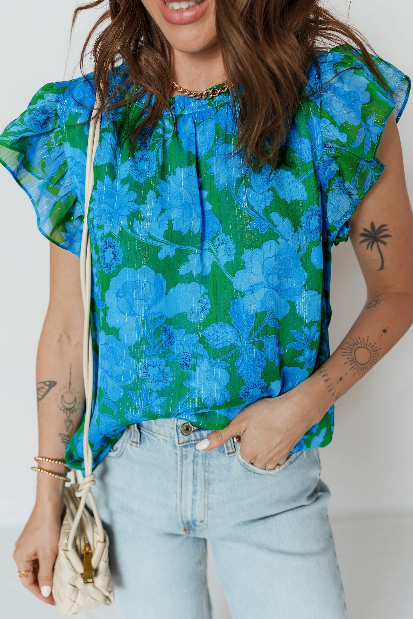Floral Ruffle Sleeve Keyhole Back Blouse