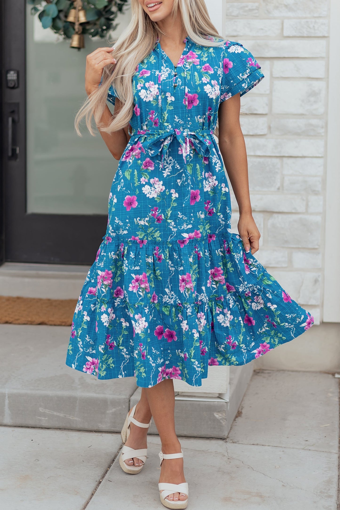 Floral Flutter Sleeve Tie Neck Belted Midi Dress