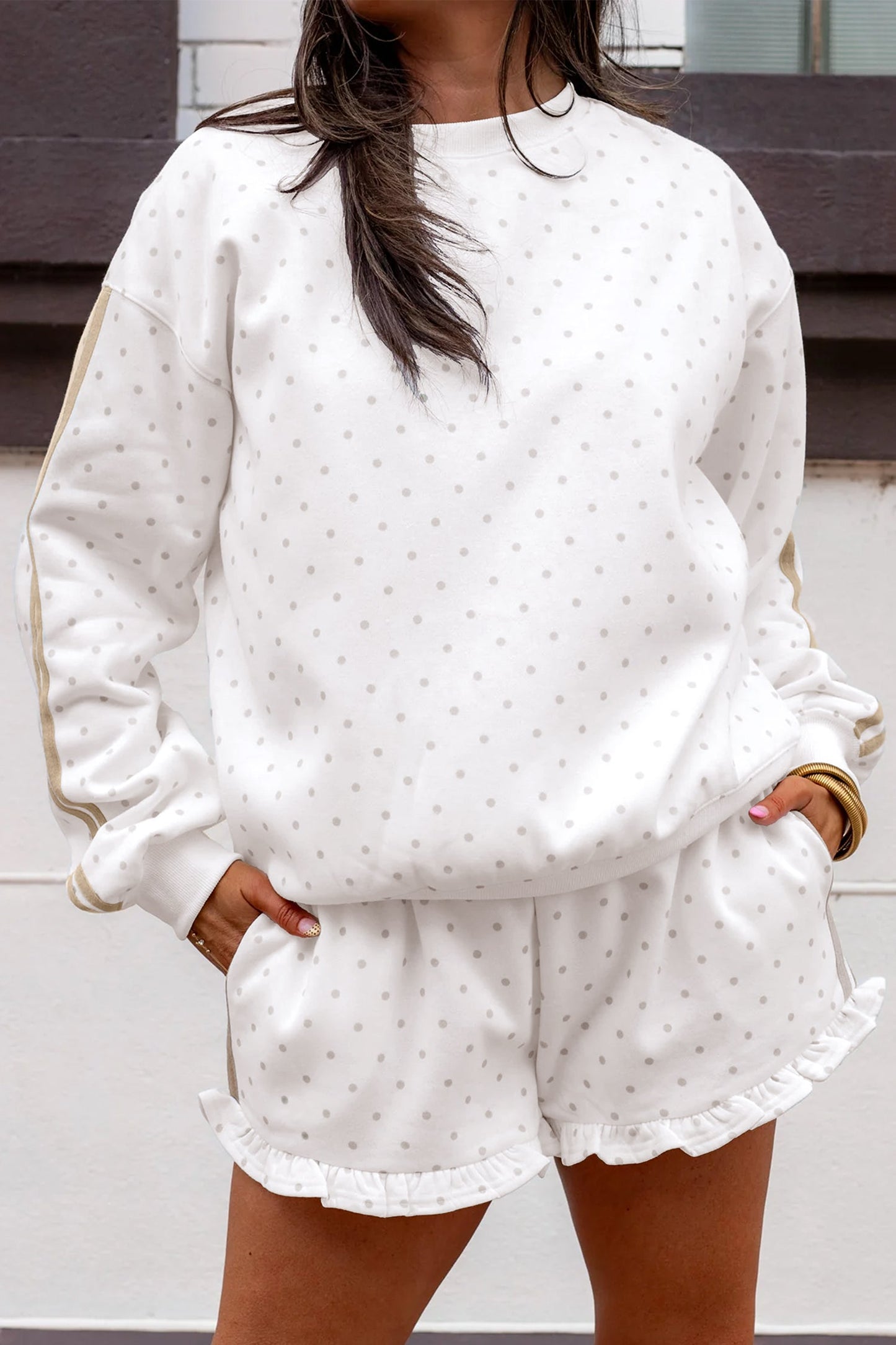 Polka Dot Side Stripe Detail Sweatshirt & Shorts Set