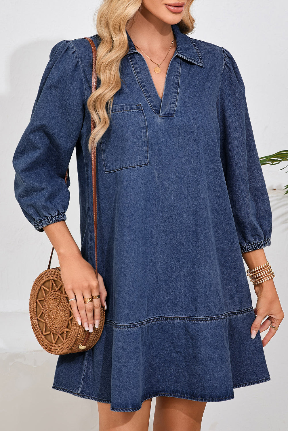 Denim Collared V-Neck Chest Pocket Dress