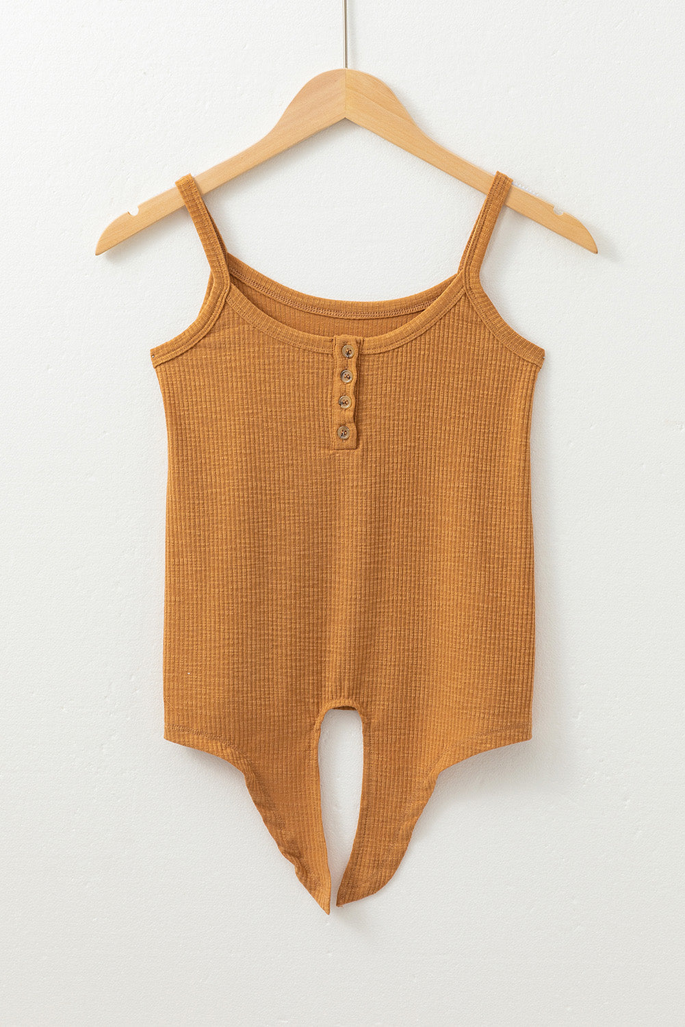 Ribbed Front Knot Buttoned Thin Strap Tank