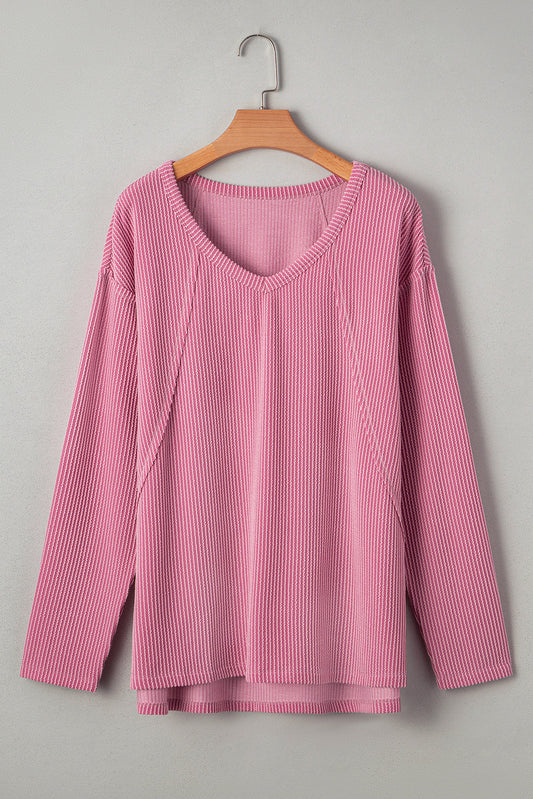 Corded Knit Reverse Seam Patchwork Long Sleeve Top