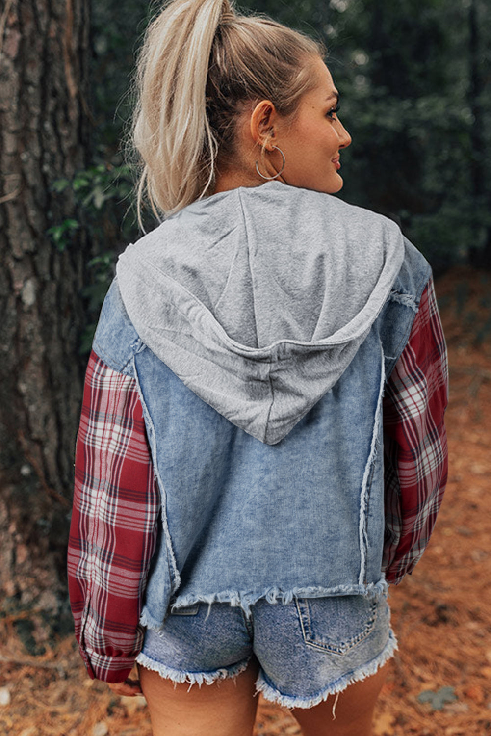 Plus Size Plaid Patchwork Hooded Denim Jacket