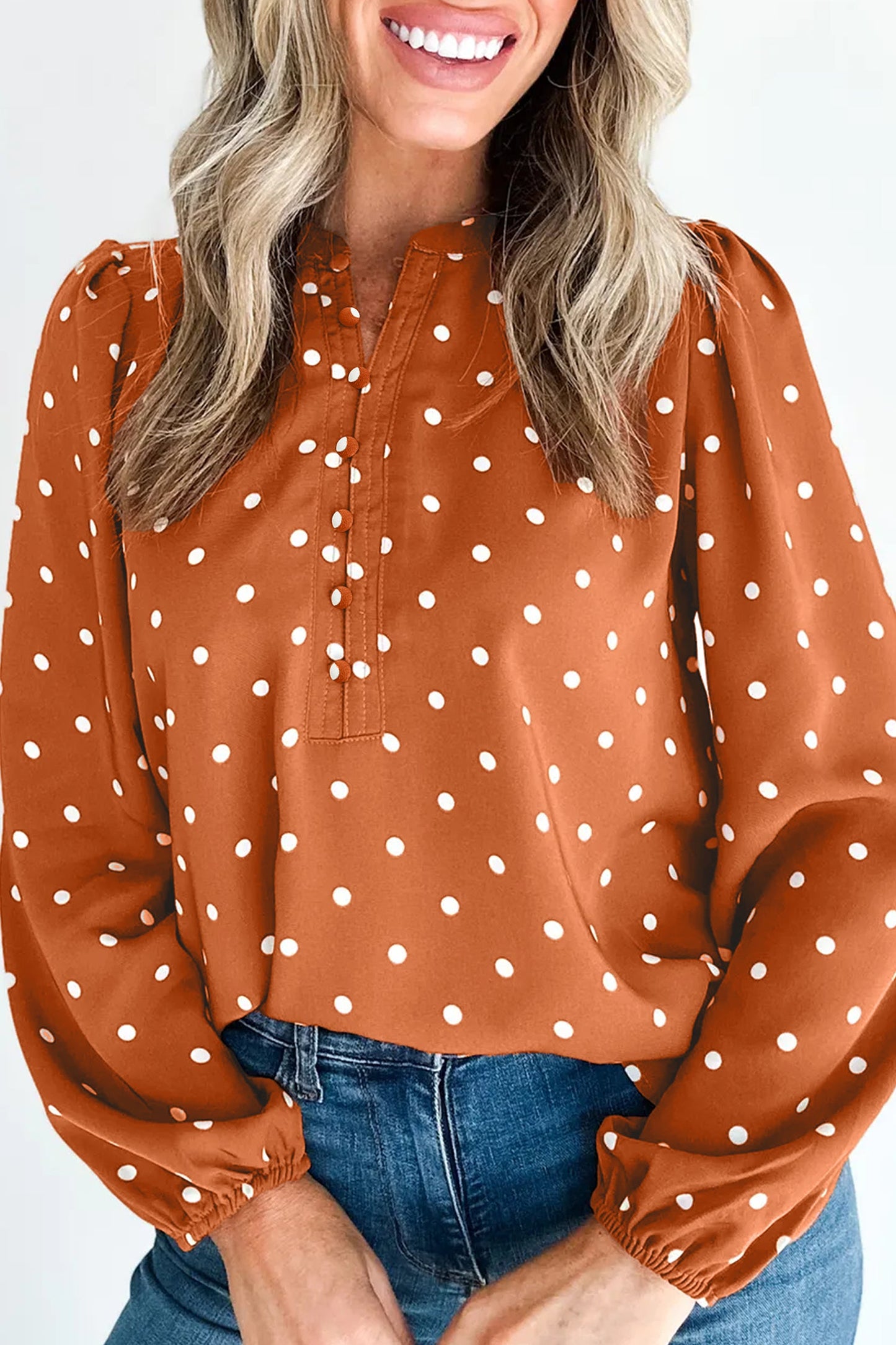 Polka Dot Half Button V-Neck Long Sleeve Blouse