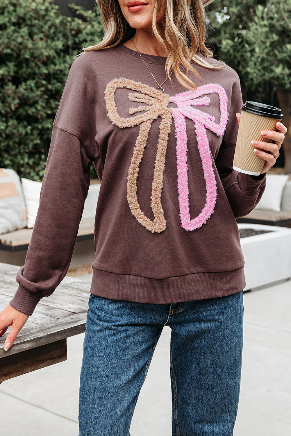 Bow Contrast Terry Drop Shoulder Sweatshirt