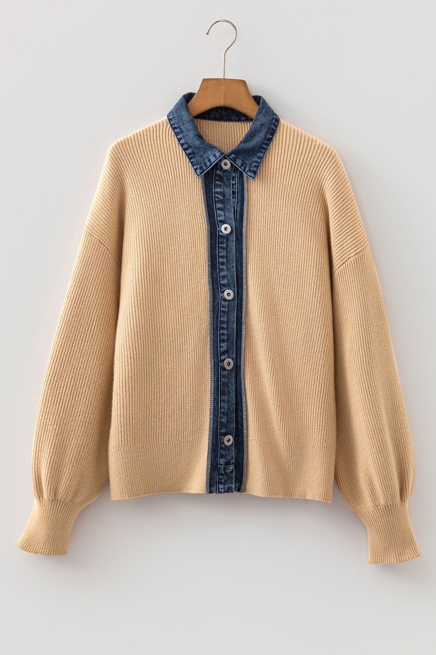 Denim Patchwork Collar Ribbed Knit Buttoned Cardigan