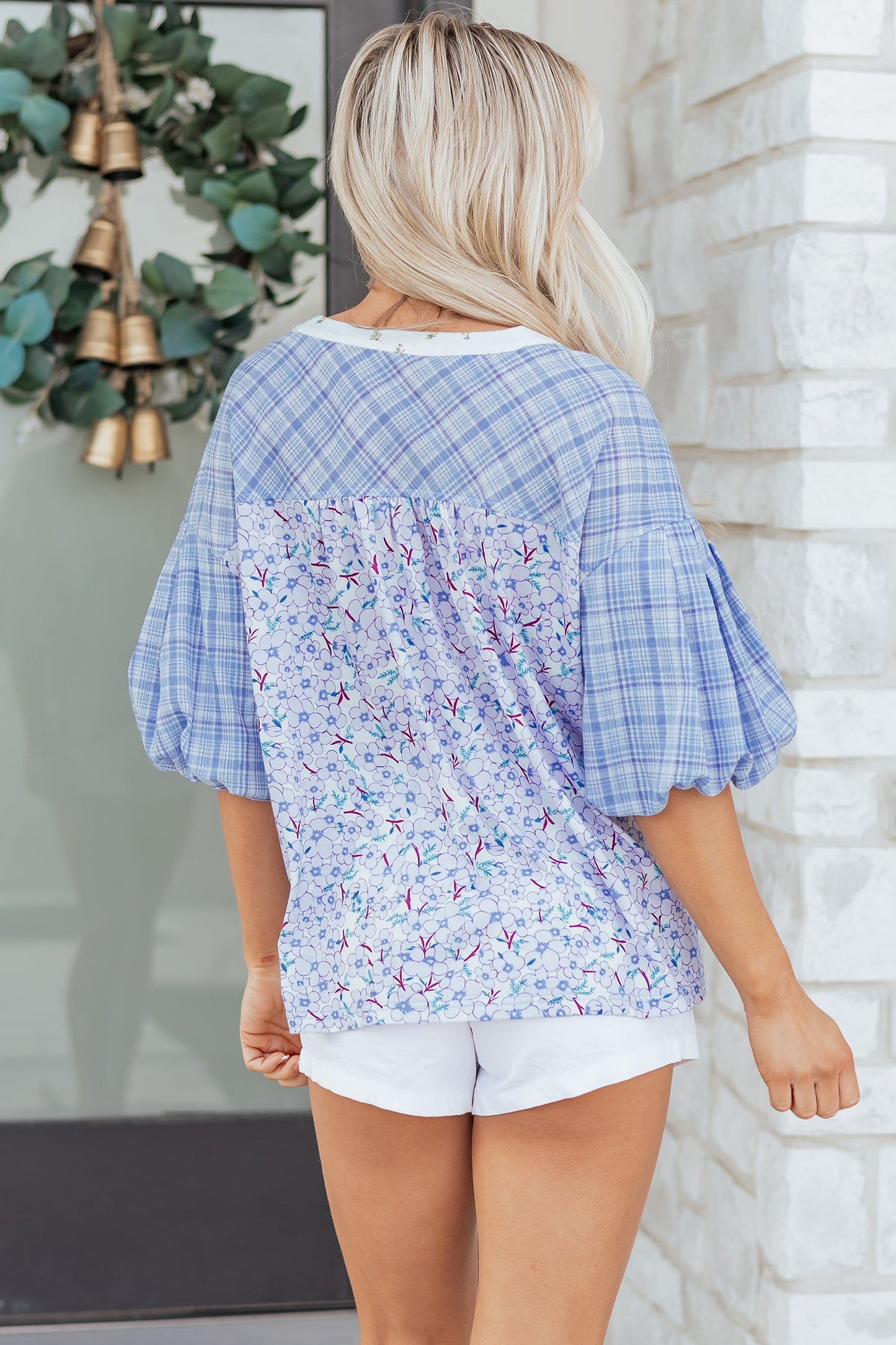 Colorblock Plaid Patchwork Bubble Sleeve Blouse