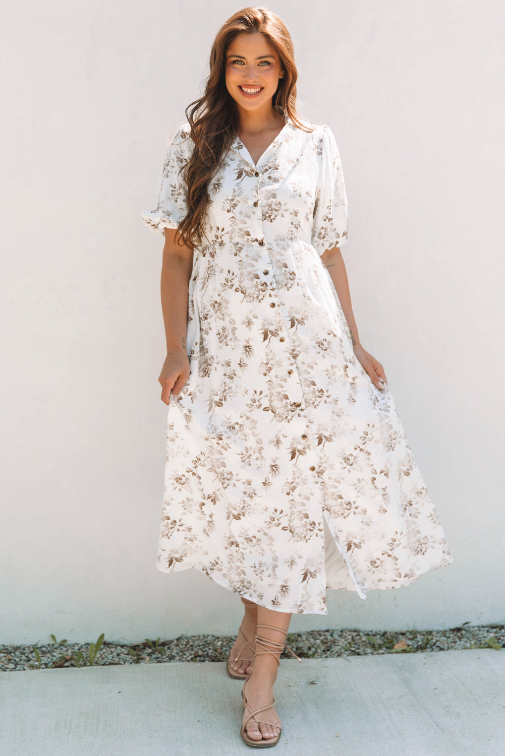 Floral Puff Sleeve V-Neck Buttoned Front Dress