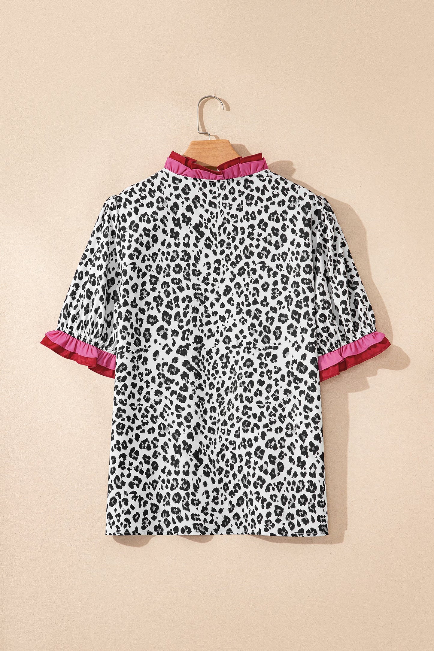 Leopard Ruffle Trim V-Neck Short Sleeve Blouse
