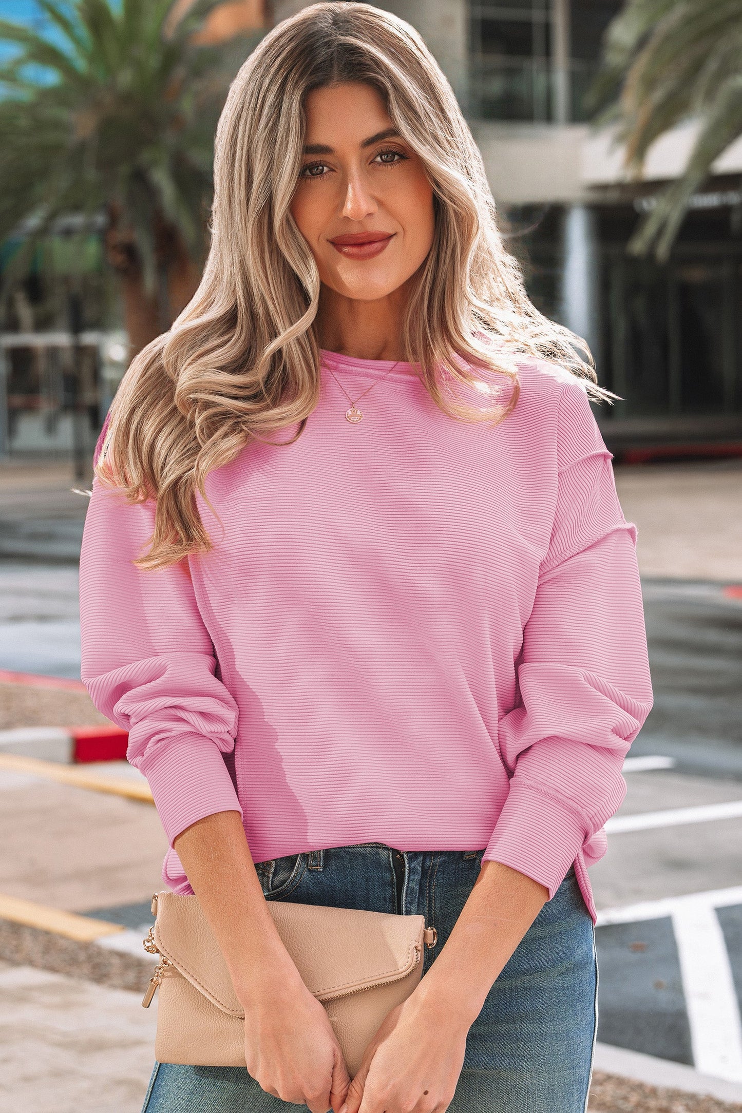 Ribbed Exposed Seam Drop Shoulder Pullover
