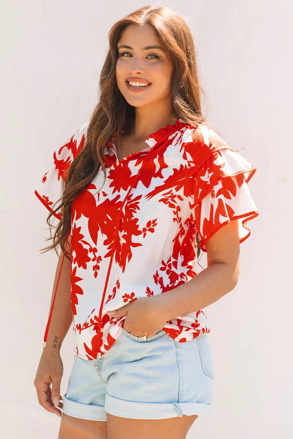Plant Tiered Ruffle Sleeve V-Neck Blouse