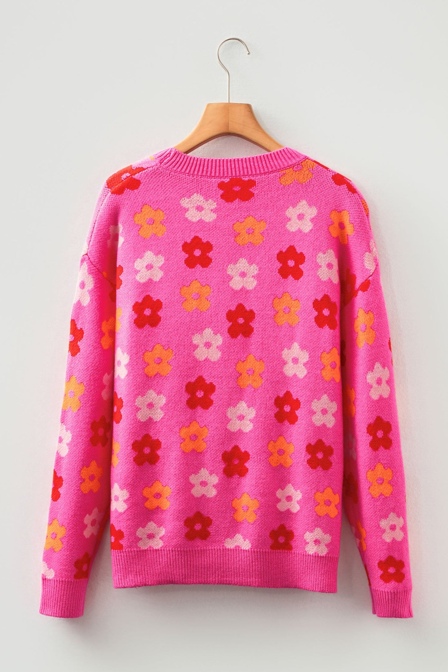 Flower Ribbed Trim Drop Shoulder Sweater