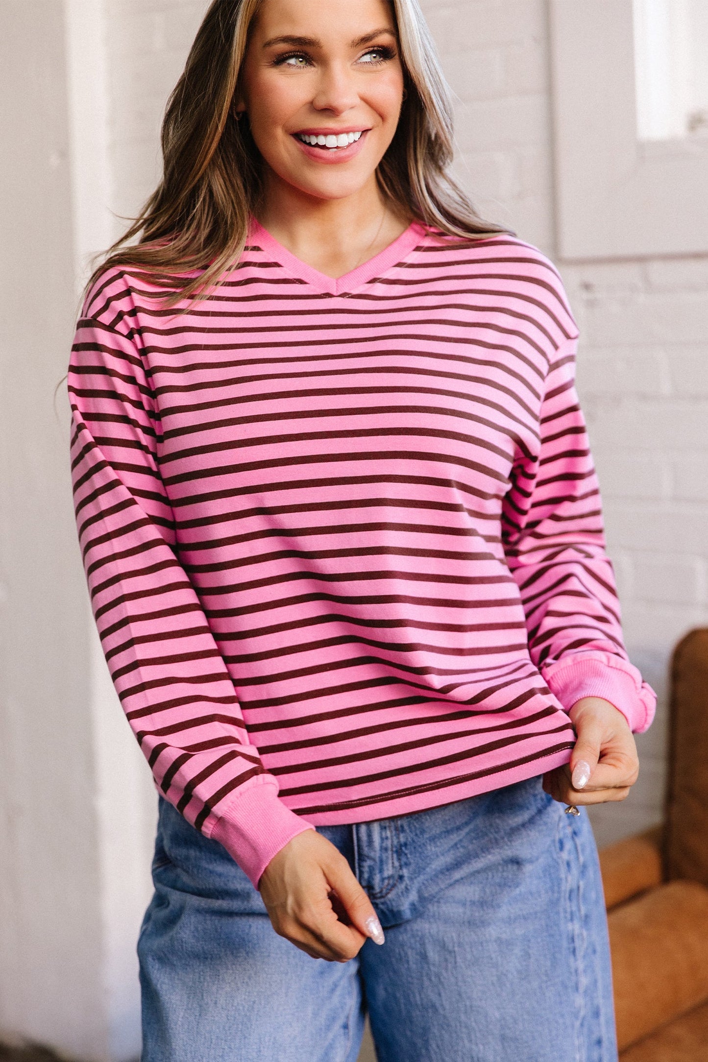 Stripe V-Neck Drop Shoulder Long Sleeve Top