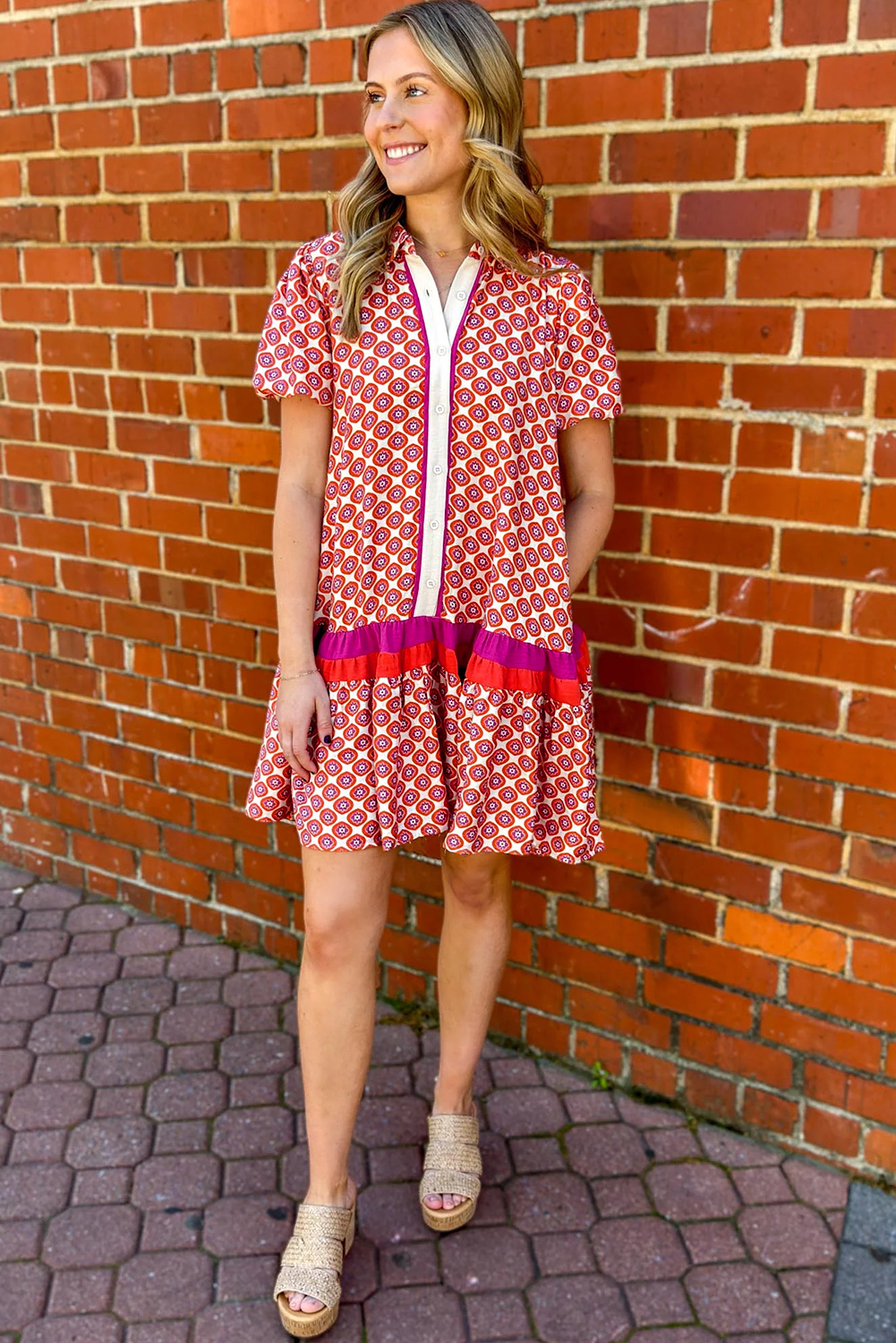 Floral Geometric Colorblock Ruffle Hem Dress