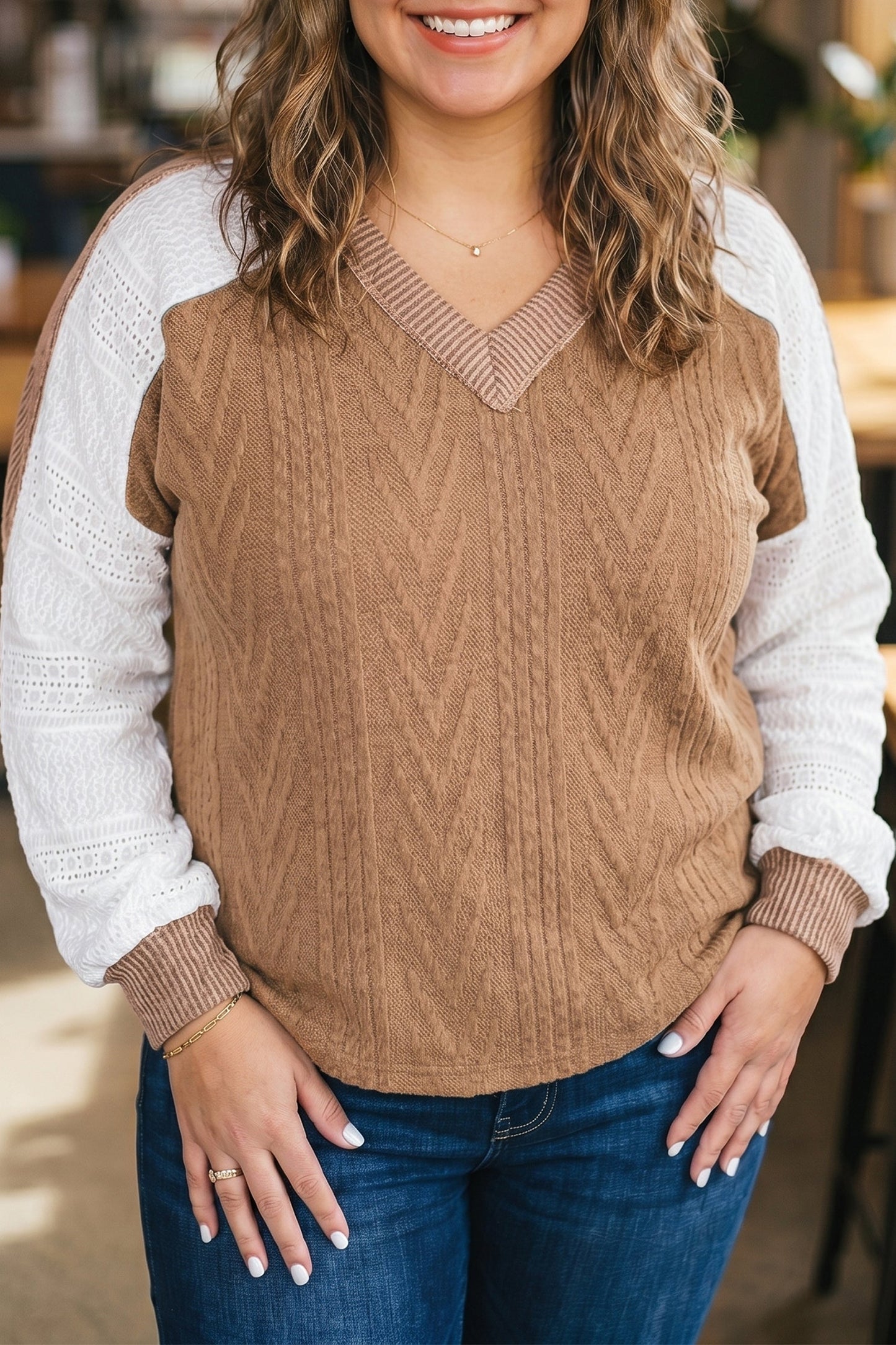Plus Size Colorblock Lace Patchwork Long Sleeve Blouse