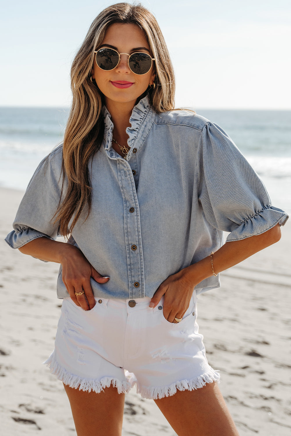 Chambray Ruffle Short Puff Sleeve Summer Shirt